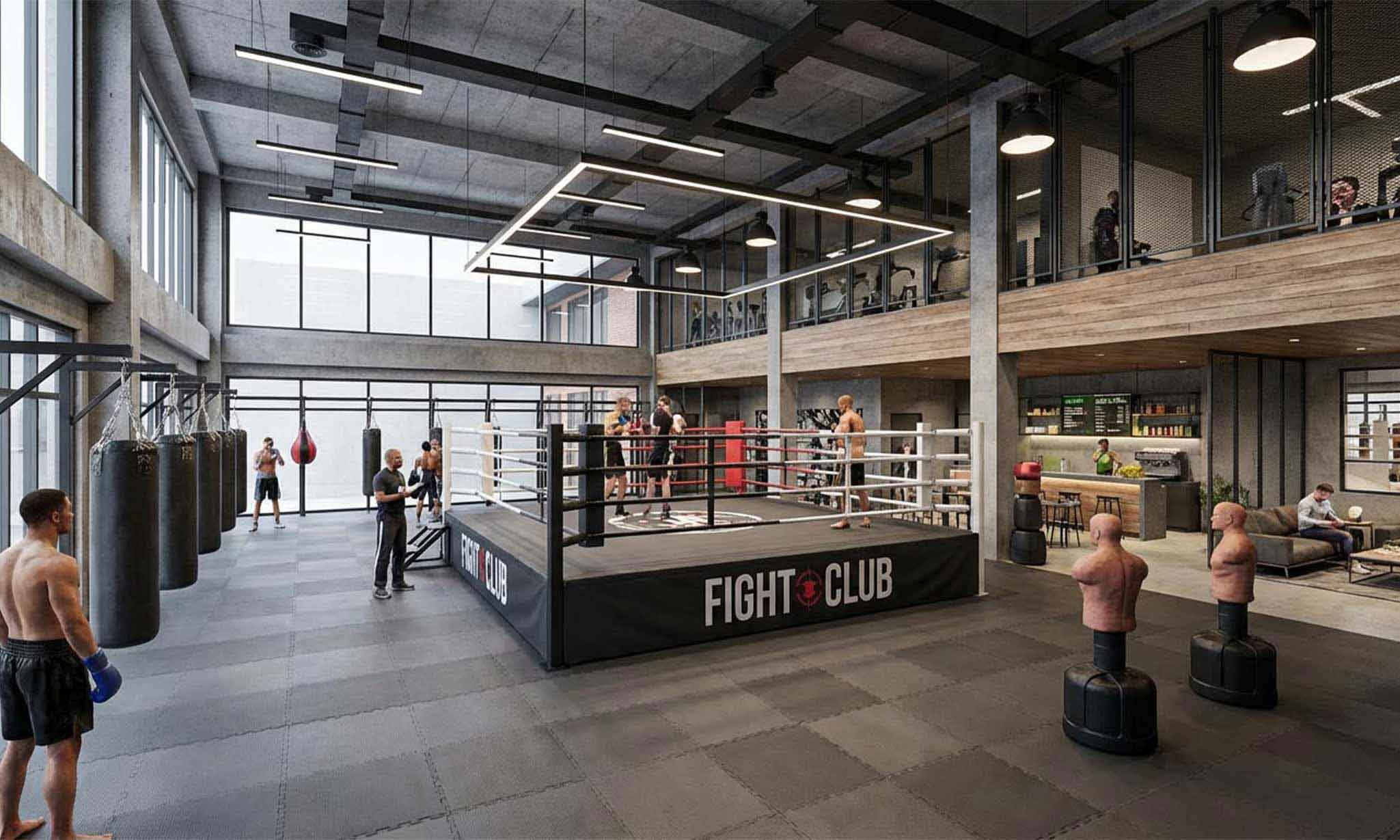 Combat and boxing zone with boxing equipment package and commercial punching bag