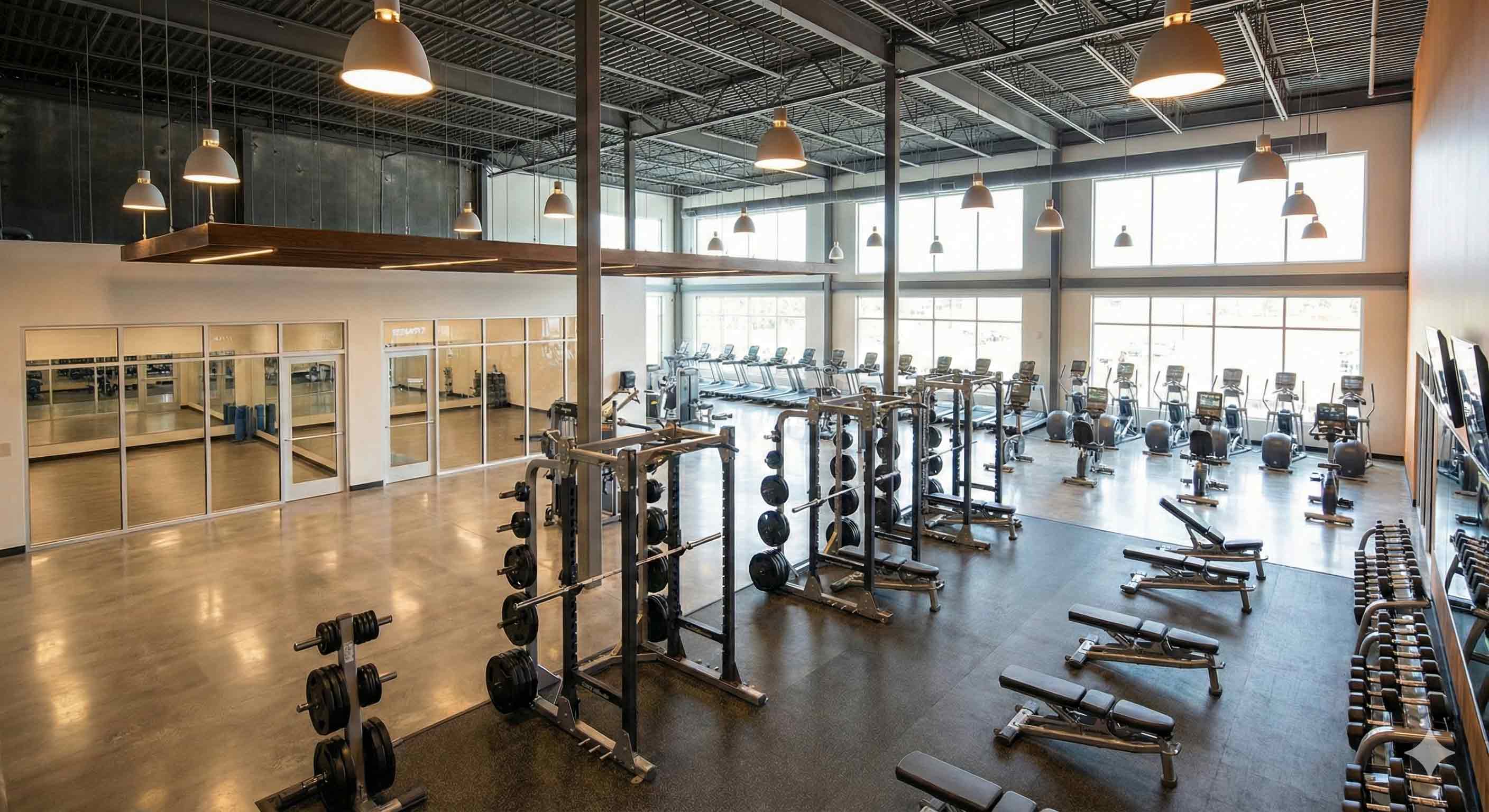 Commercial gym equipment packages in a full commercial club layout