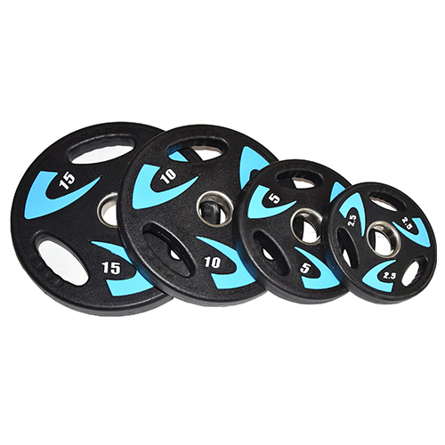 Blue 3-Hole Grip Plates: commercial blue grip weight plates for facility branding